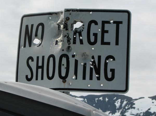 "No target shooting" sign, with many holes